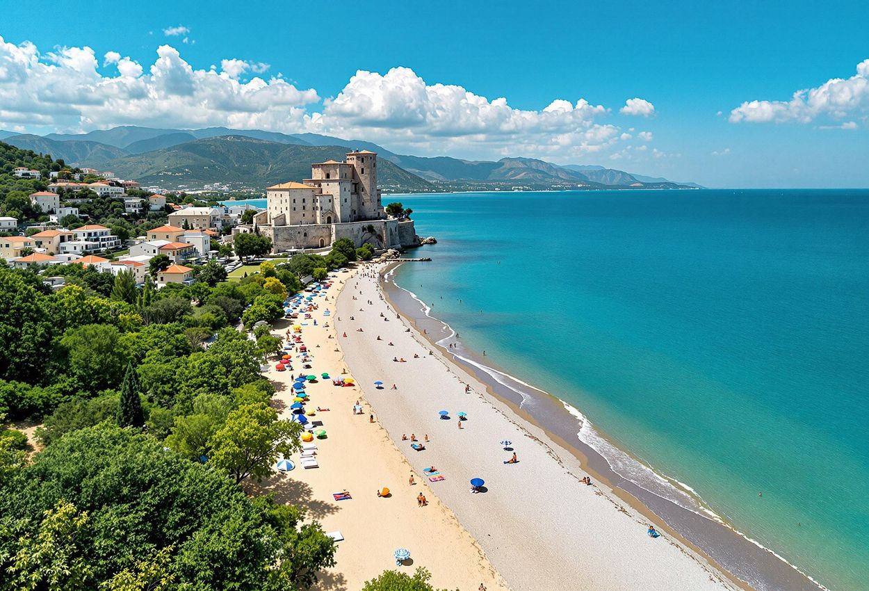 A drone photograph captures the stunning Borsh Beach in Albania, featuring its long coastline, the village nestled against the hills, and the historic Borsh Castle overlooking the bay.