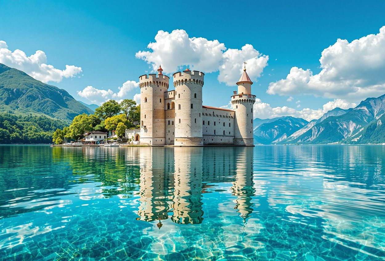 A stunning photograph of Scaliger Castle in Sirmione, Italy, perfectly reflected in the crystal-clear waters of Lake Garda on a sunny afternoon.
