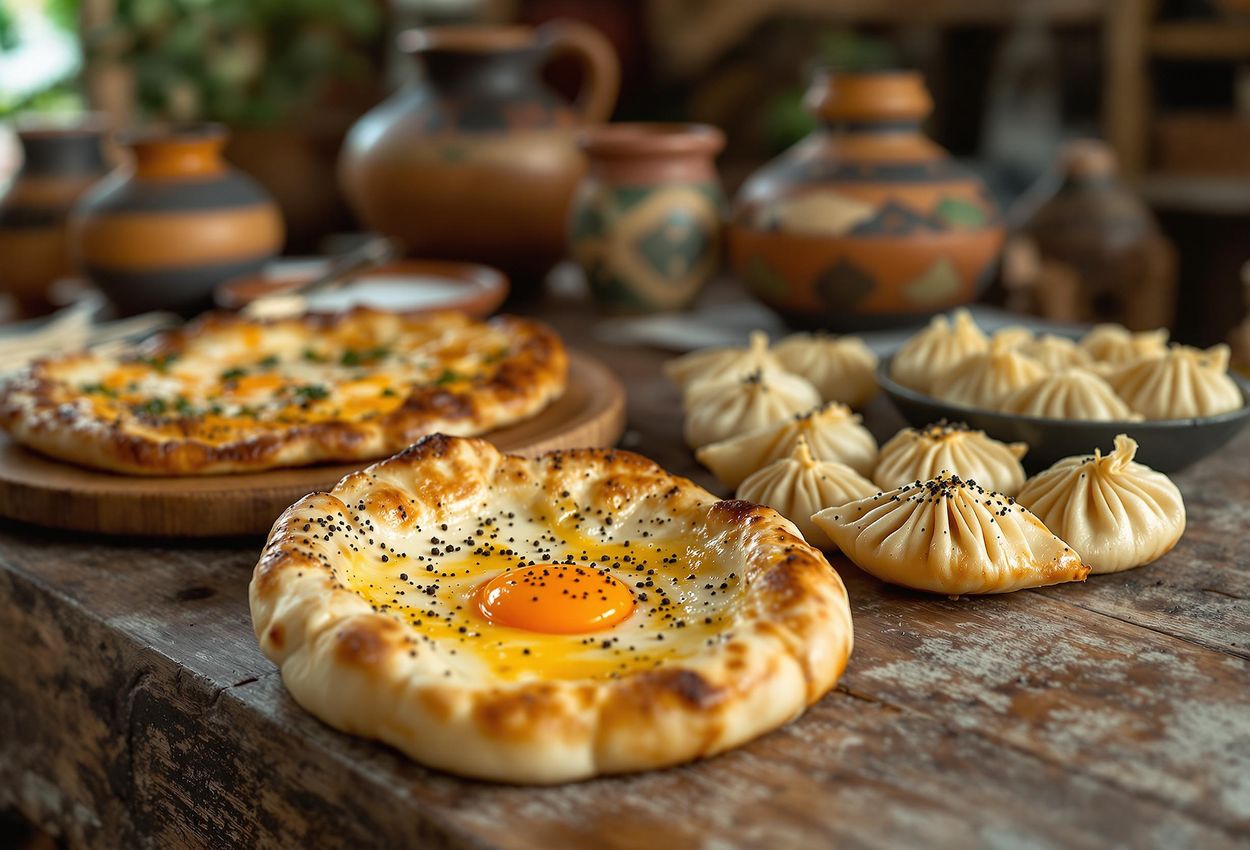 A detailed close-up photograph of a traditional Georgian feast featuring khachapuri and khinkali, showcasing the textures and colors of the cuisine in a warm and inviting setting.