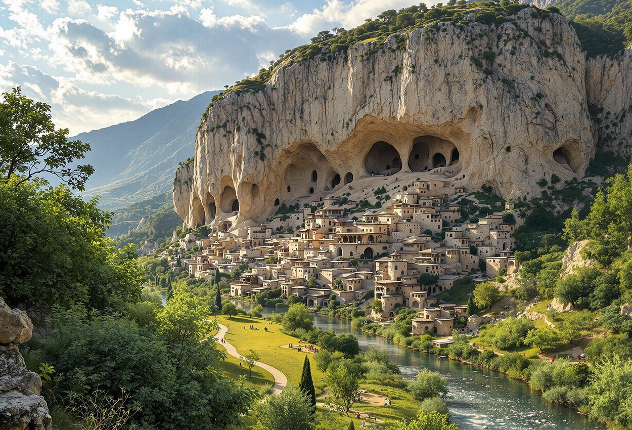A captivating landscape photograph of the ancient Vardzia cave city in Georgia, showcasing its dramatic mountain setting and rich historical significance.