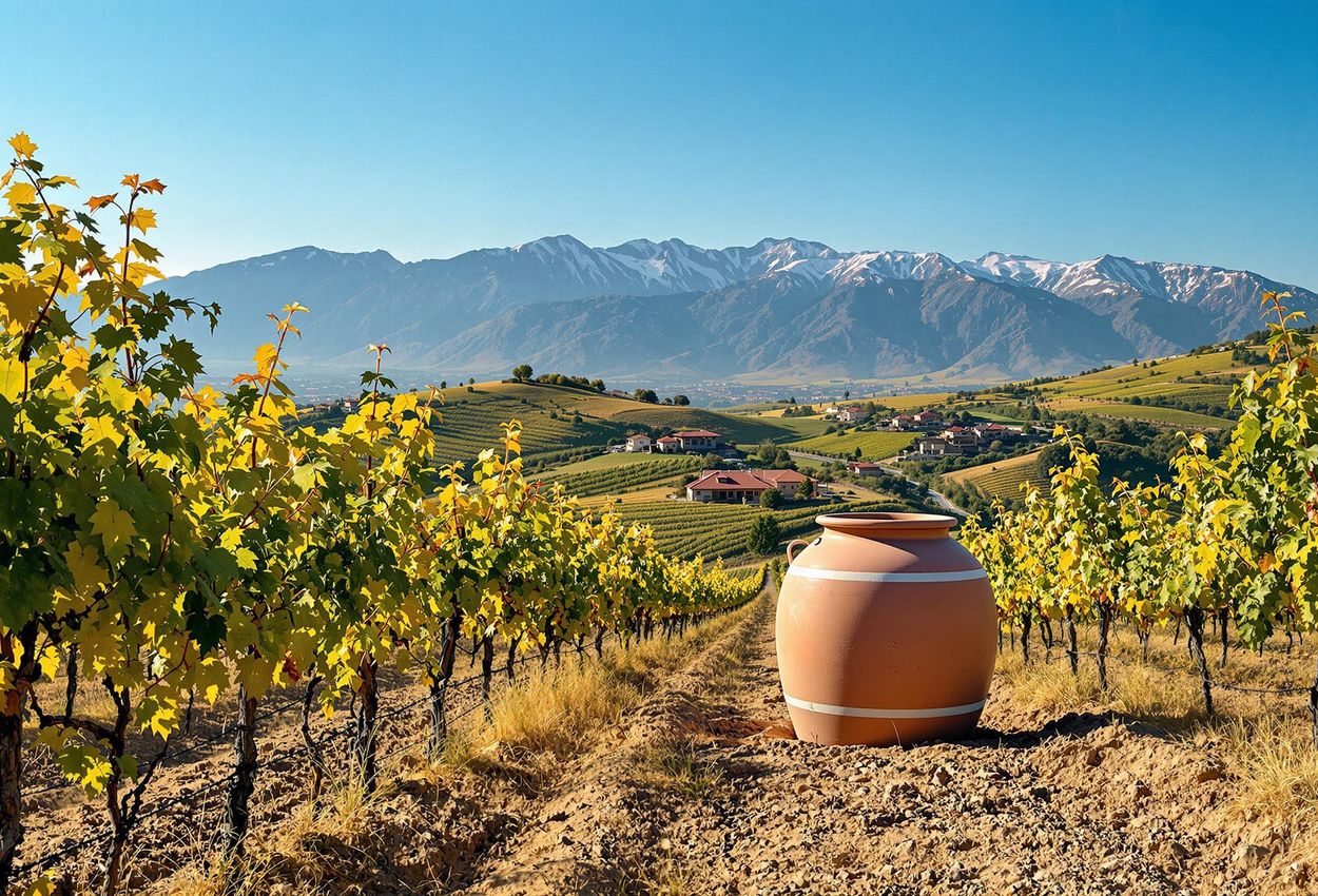 A landscape photograph capturing the beauty of the Kakheti wine region in Georgia, featuring rolling vineyards, a traditional qvevri, and the Caucasus Mountains in the background.