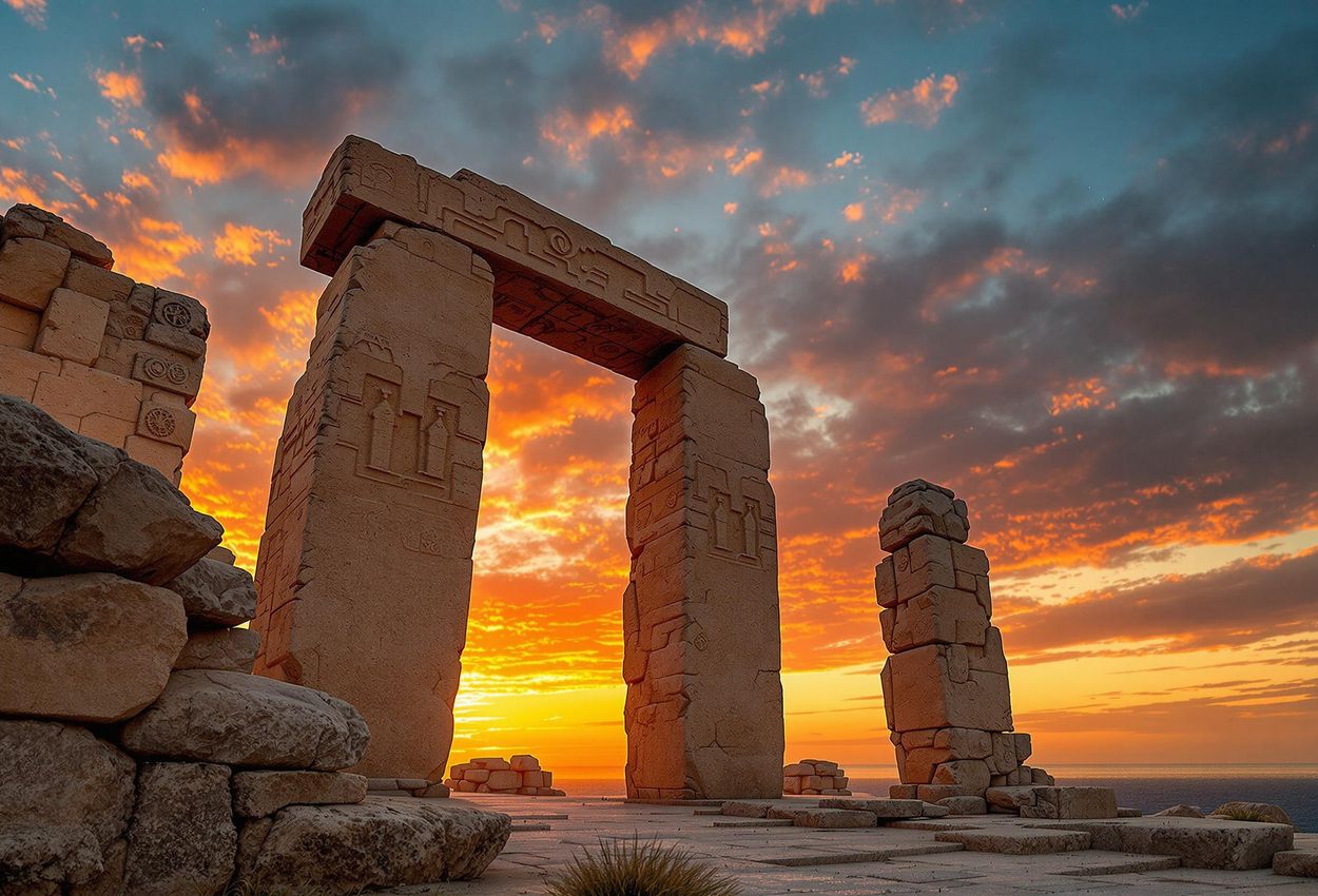 A photograph capturing the dramatic sunset at the Ħaġar Qim temple complex in Malta, showcasing the ancient megalithic stones silhouetted against a fiery sky.