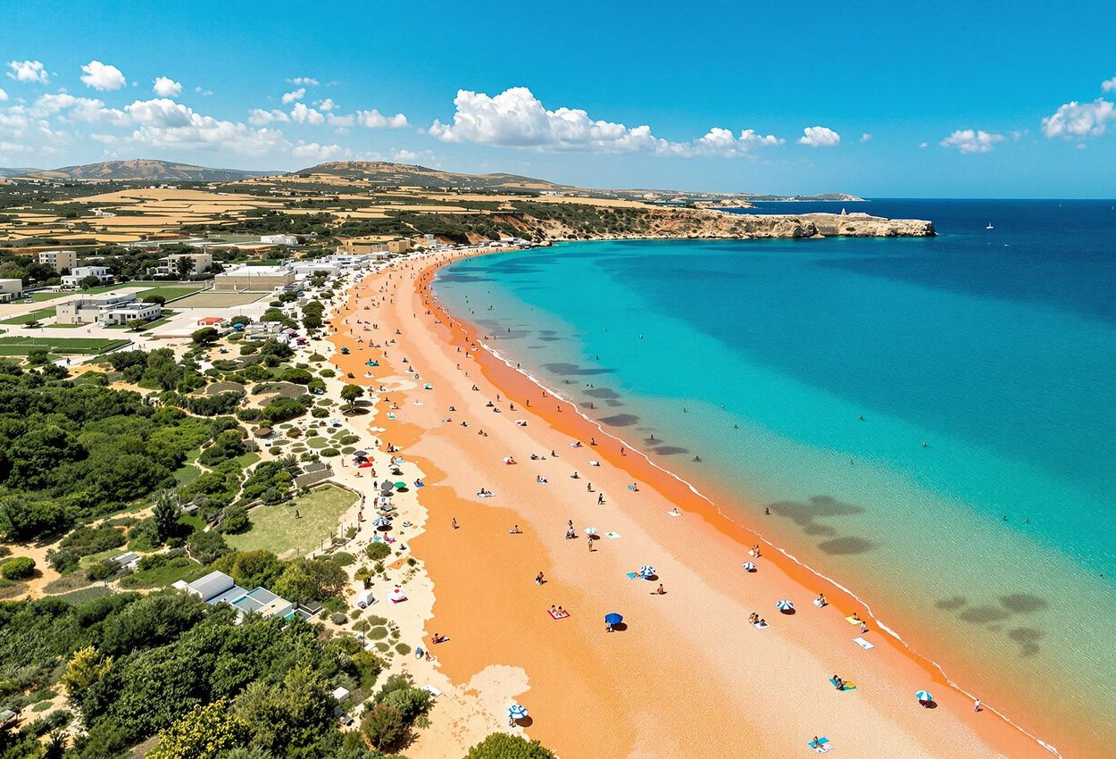 An aerial photograph captures the stunning beauty of Ramla Bay in Gozo, Malta, showcasing its unique red sand beach, turquoise waters, and lush green hills.
