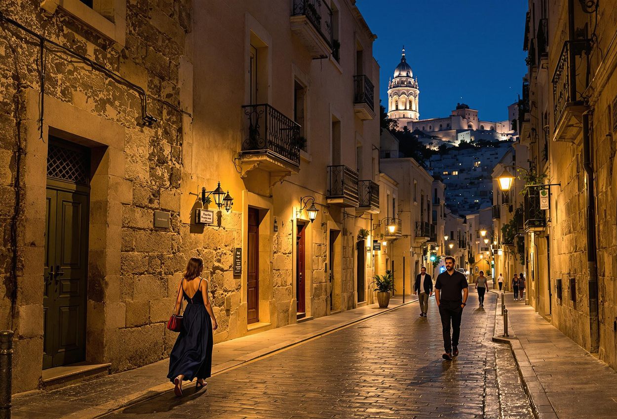 A photograph captures a peaceful night scene in Mdina, Malta, showcasing the narrow streets and illuminated buildings of this ancient city. Soft lighting and subtle movement create a sense of history and tranquility.