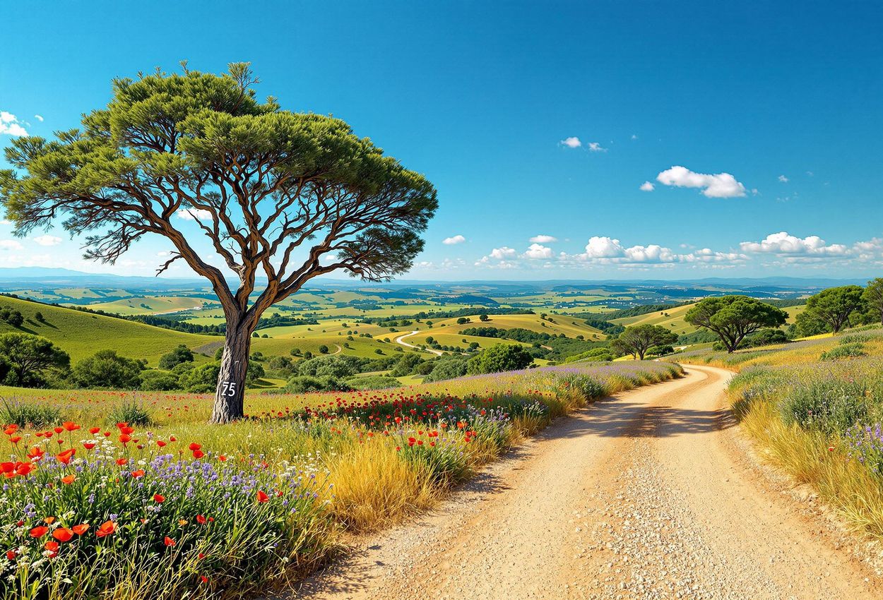 A panoramic photograph of the Alentejo region in Portugal, featuring rolling hills, cork oak trees, and a winding dirt road under a clear blue sky. The image captures the vastness and tranquility of the Alentejo landscape in late spring.