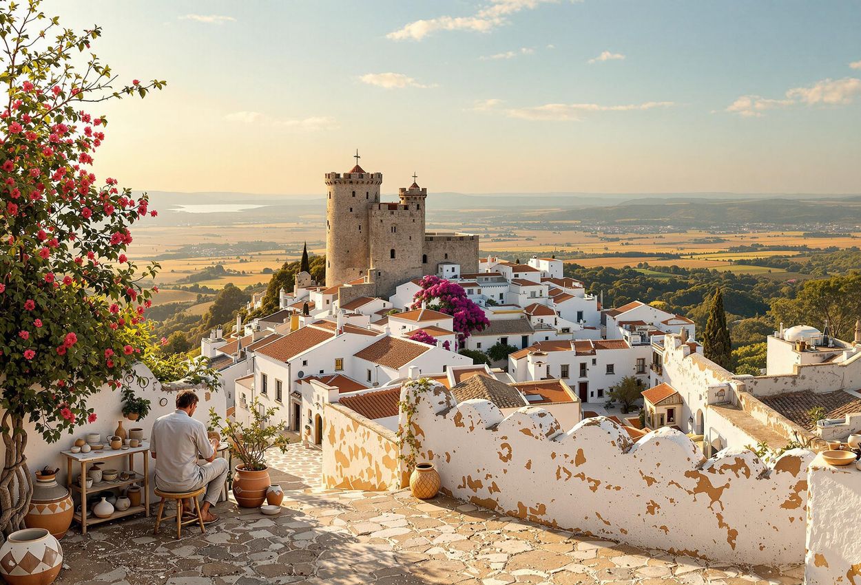 A panoramic photograph captures the medieval village of Monsaraz, Portugal, with its castle, whitewashed houses, and the Alentejo plains. A local artisan crafts pottery in the foreground.