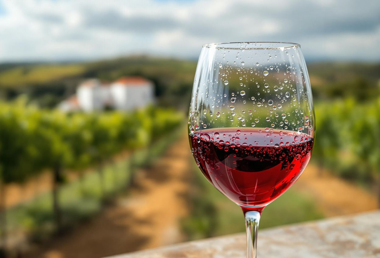 A detailed close-up of a glass of Alentejo red wine, showcasing the rich color and texture, with the Herdade do Esporão vineyard in the background.