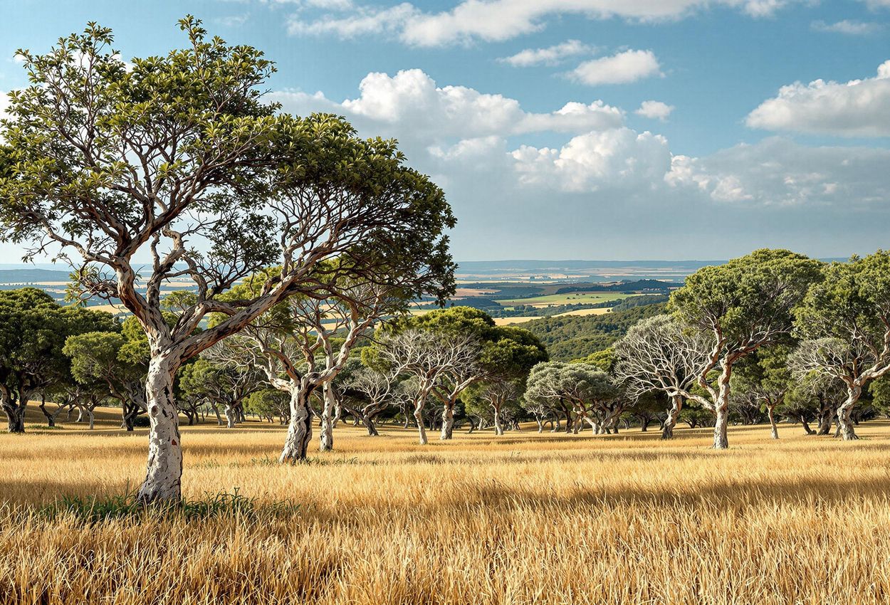 A wide, serene photograph of a cork oak forest in Alentejo, Portugal, showcasing the unique landscape and ecological importance of the region.