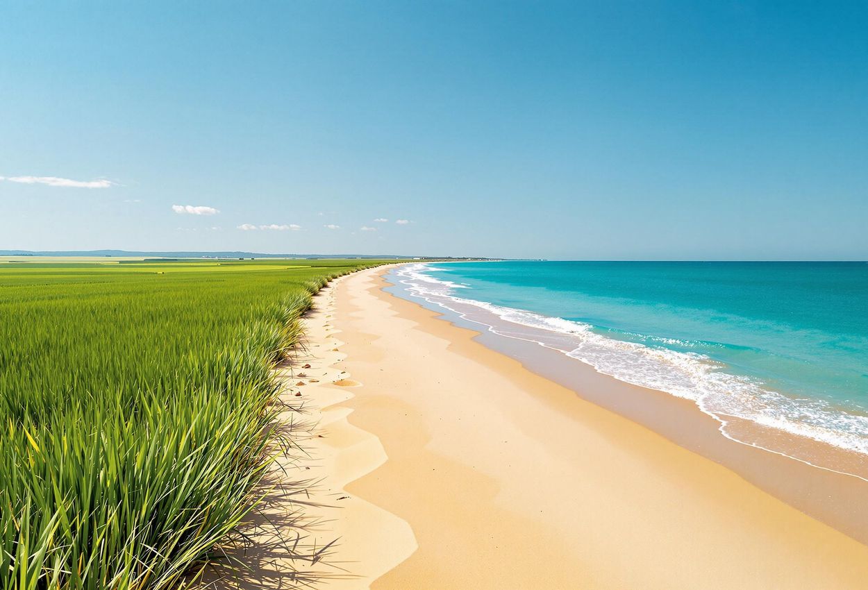 A scenic photograph of Comporta beach in Portugal, featuring its long sandy beach, vibrant rice fields, and the clear blue Atlantic Ocean, with the Sado Estuary Nature Reserve in the background.