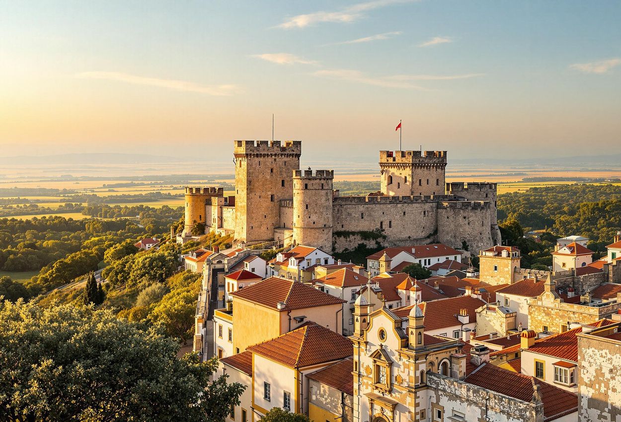 A stunning photograph captures a panoramic view of Beja, Portugal, featuring the medieval castle and the vast Alentejo plains under a warm, golden light.