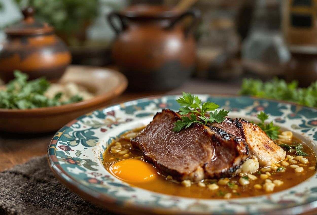 A close-up photograph captures the essence of Alentejo cuisine, showcasing a traditional dish in a rustic kitchen setting. The image highlights the region