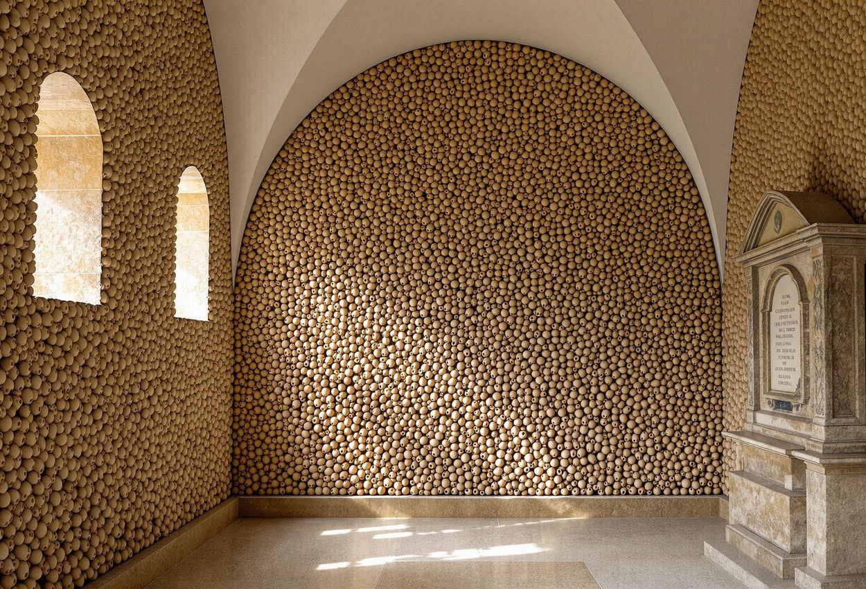 A detailed photograph of the Capela dos Ossos (Bone Chapel) in Évora, Portugal, showcasing the walls adorned with human skulls and bones, arranged in intricate patterns. Soft, diffused light highlights the textures and historical significance of this unique landmark.
