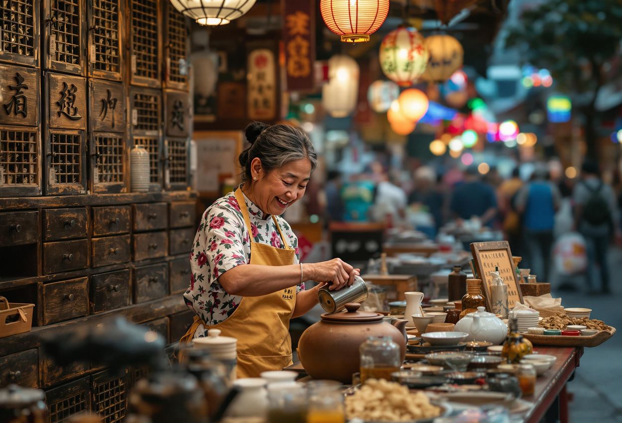 A medium shot captures an elderly woman preparing herbal tea at her traditional stall in the bustling Raohe Night Market in Taipei, Taiwan.