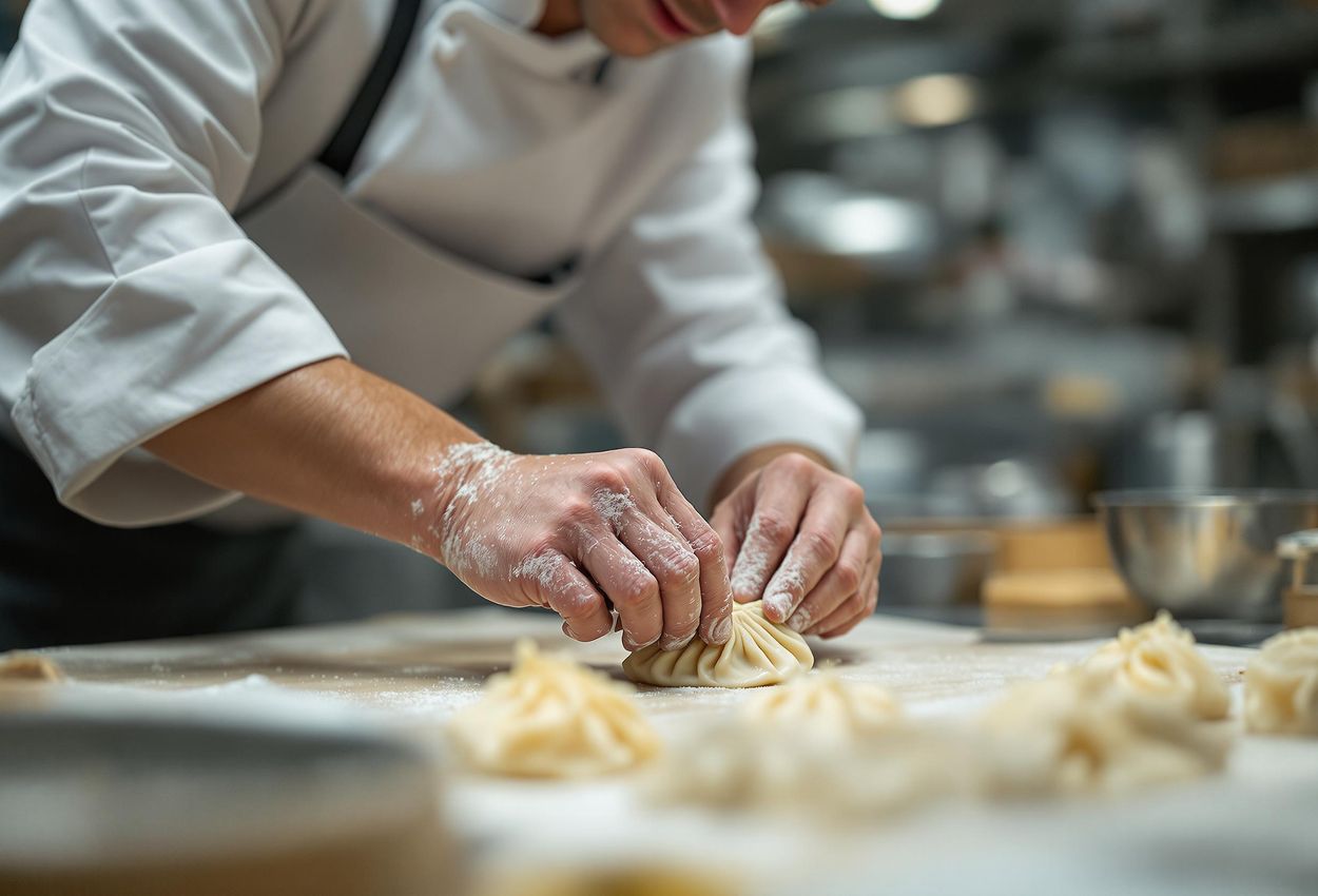 A close-up photograph captures a chef meticulously preparing xiao long bao at Din Tai Fung in Taipei. The image highlights the chef