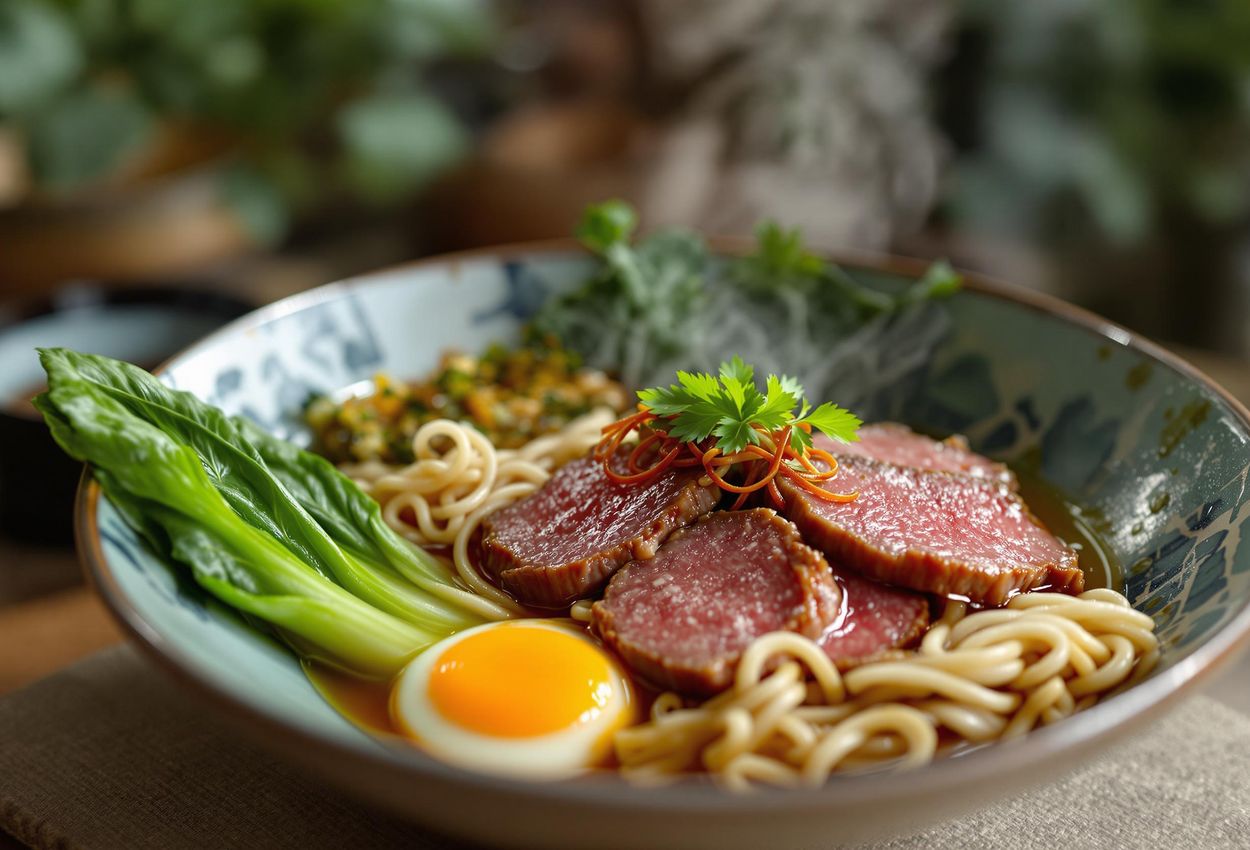 A close-up photograph of a beautifully plated deconstructed beef noodle soup at RAW restaurant in Taipei, featuring tender Wagyu beef, handmade noodles, and a rich broth.