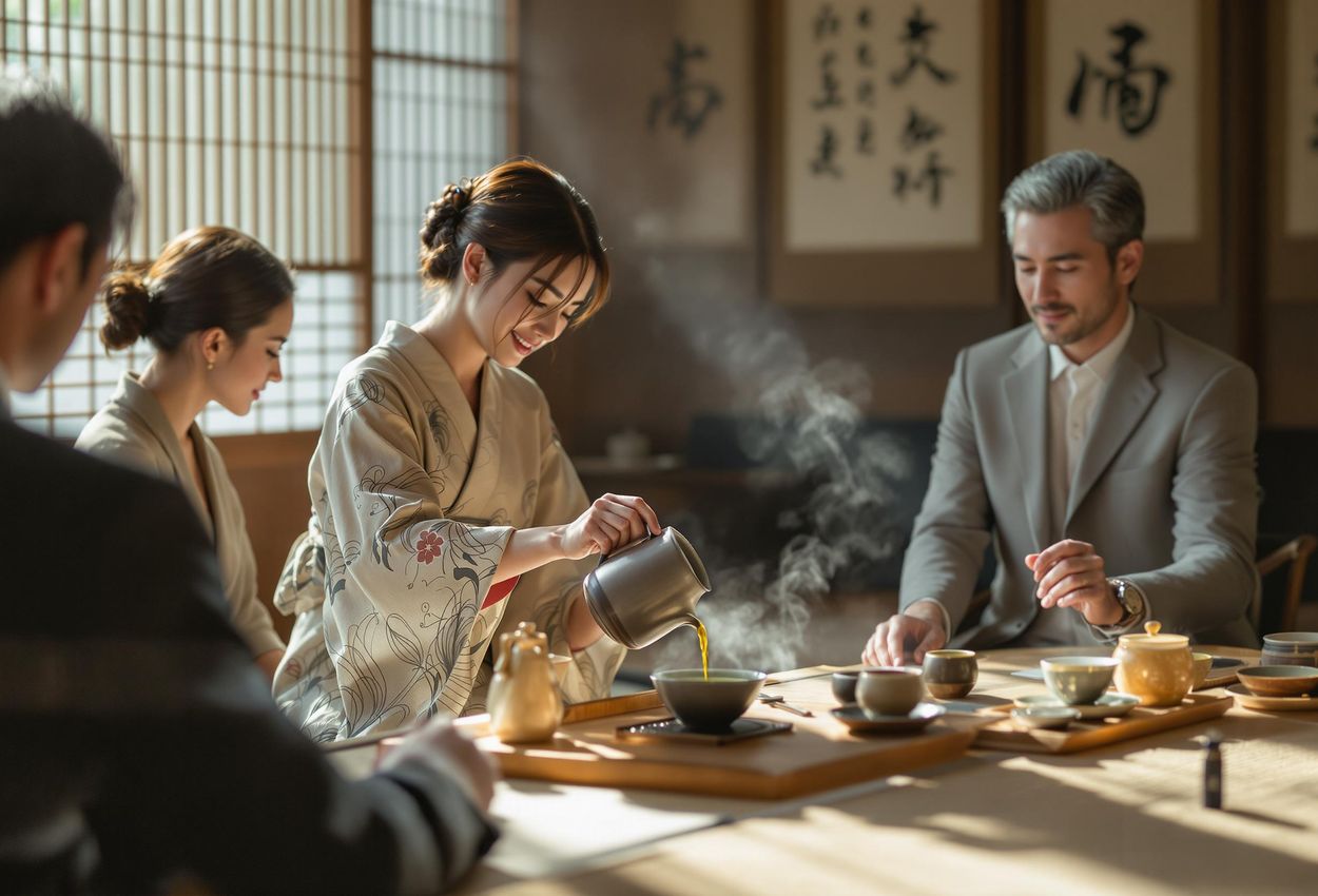 A photograph captures a traditional Japanese tea ceremony inside Qingtian Tea House in Kyoto. A tea master pours tea for guests in a tatami room with shoji screens and calligraphy scrolls.