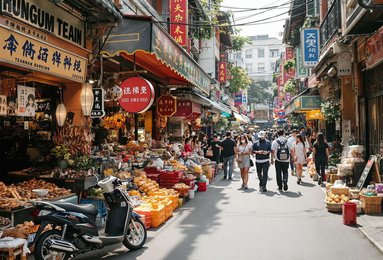 A bustling street in Dadaocheng, Taipei, showcasing traditional shops selling dried goods, herbs, and spices. The scene captures the lively atmosphere and rich cultural heritage of this historic district.