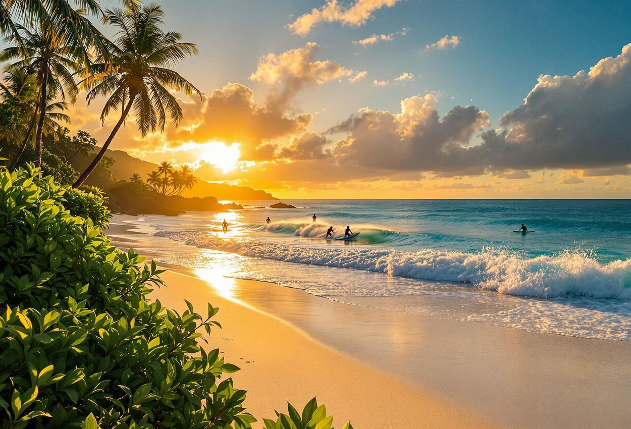 Sunset at Nihiwatu Beach, Sumba: A Surfer A stunning photograph captures the golden sunset at Nihiwatu Beach in Sumba, Indonesia, with surfers silhouetted against the radiant sky and lush vegetation framing the pristine shoreline.