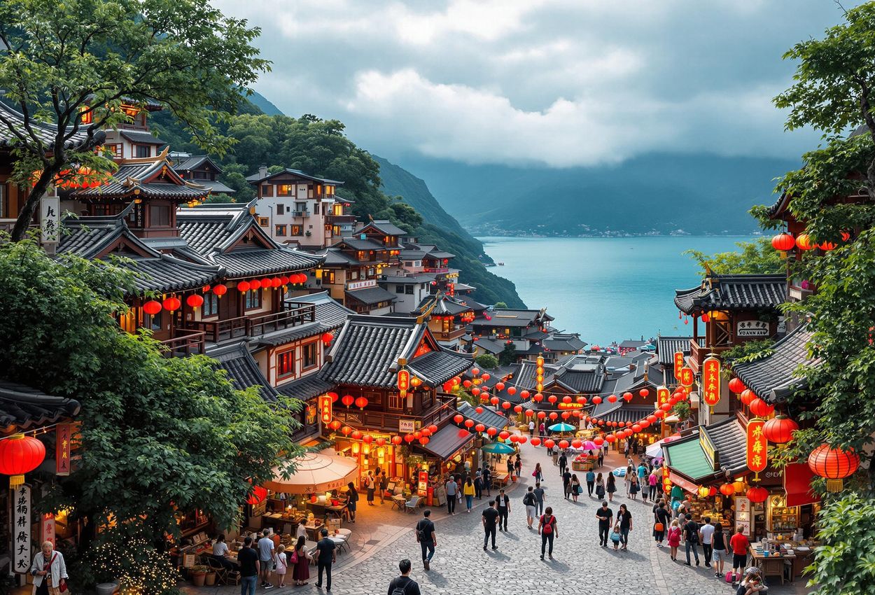 A captivating photograph of Jiufen, Taiwan, showcasing its narrow streets, traditional shops, red lanterns, and stunning coastal mountain views.