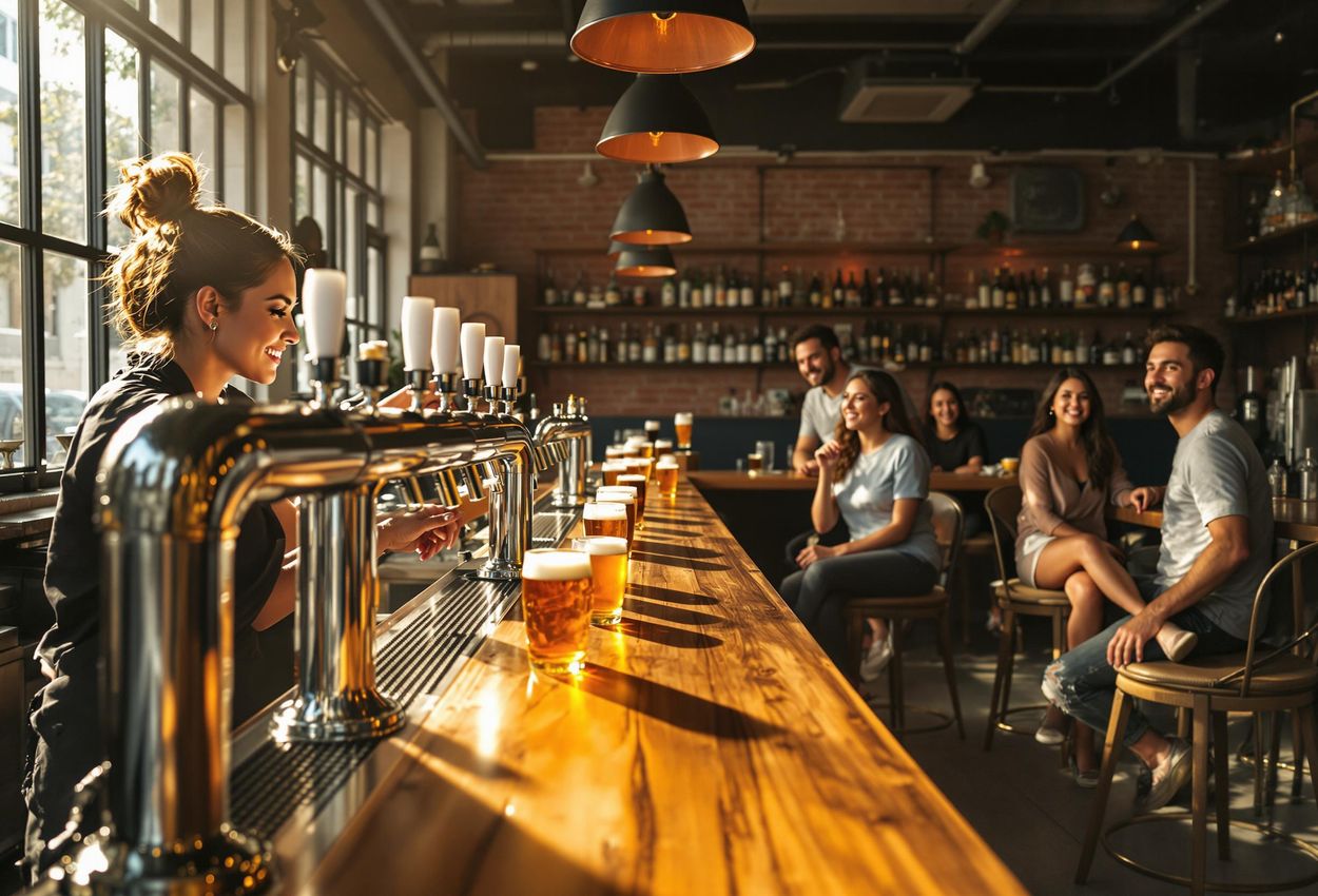 A photograph capturing the vibrant atmosphere inside a craft beer bar in Taipei, Taiwan, filled with patrons enjoying local brews in an industrial-chic setting.