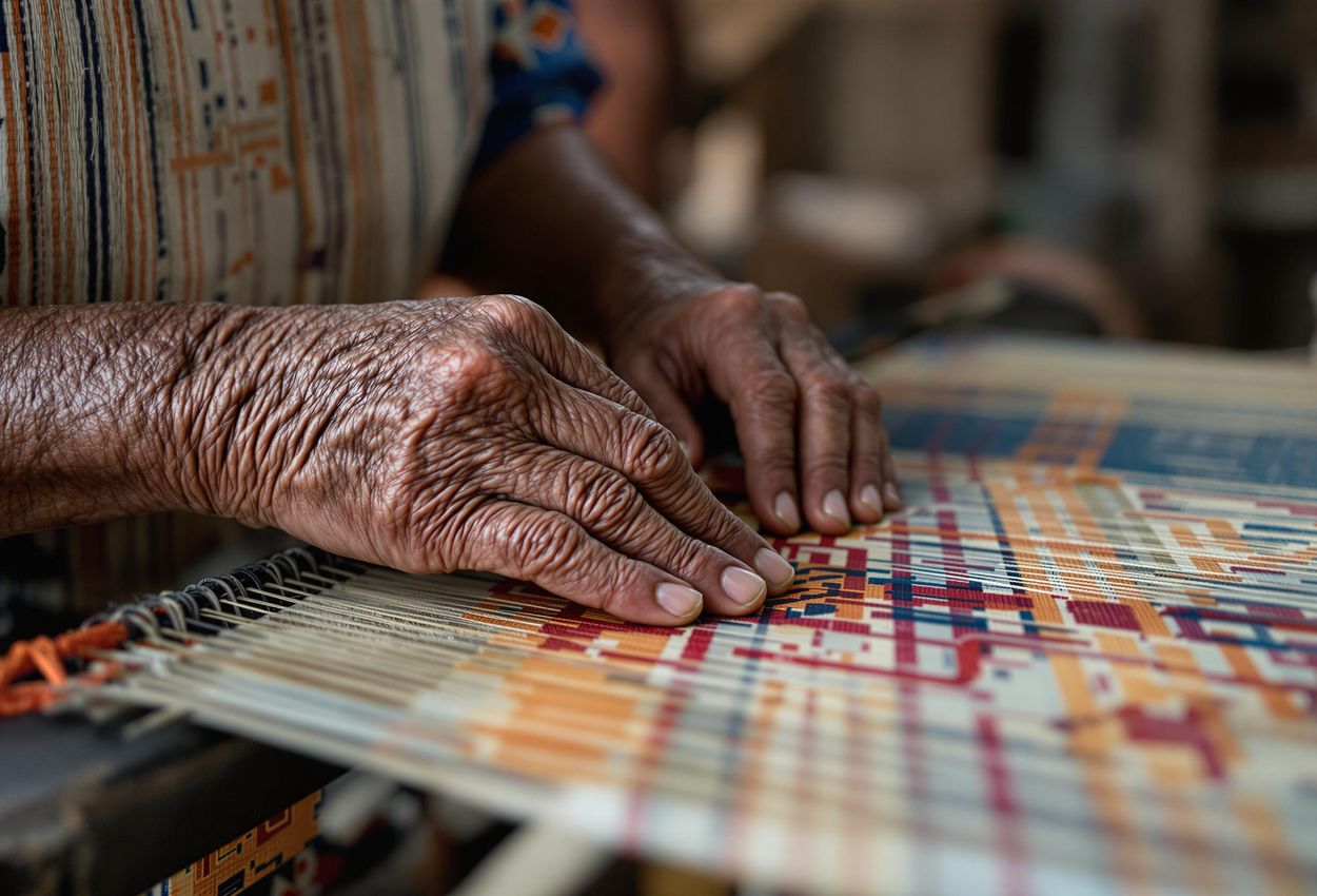 Intricate Ikat Weaving in Sumba: A Cultural Portrait A close-up photograph captures an elderly Sumbanese woman weaving intricate ikat fabric on a traditional loom, highlighting the rich cultural heritage of Sumba.