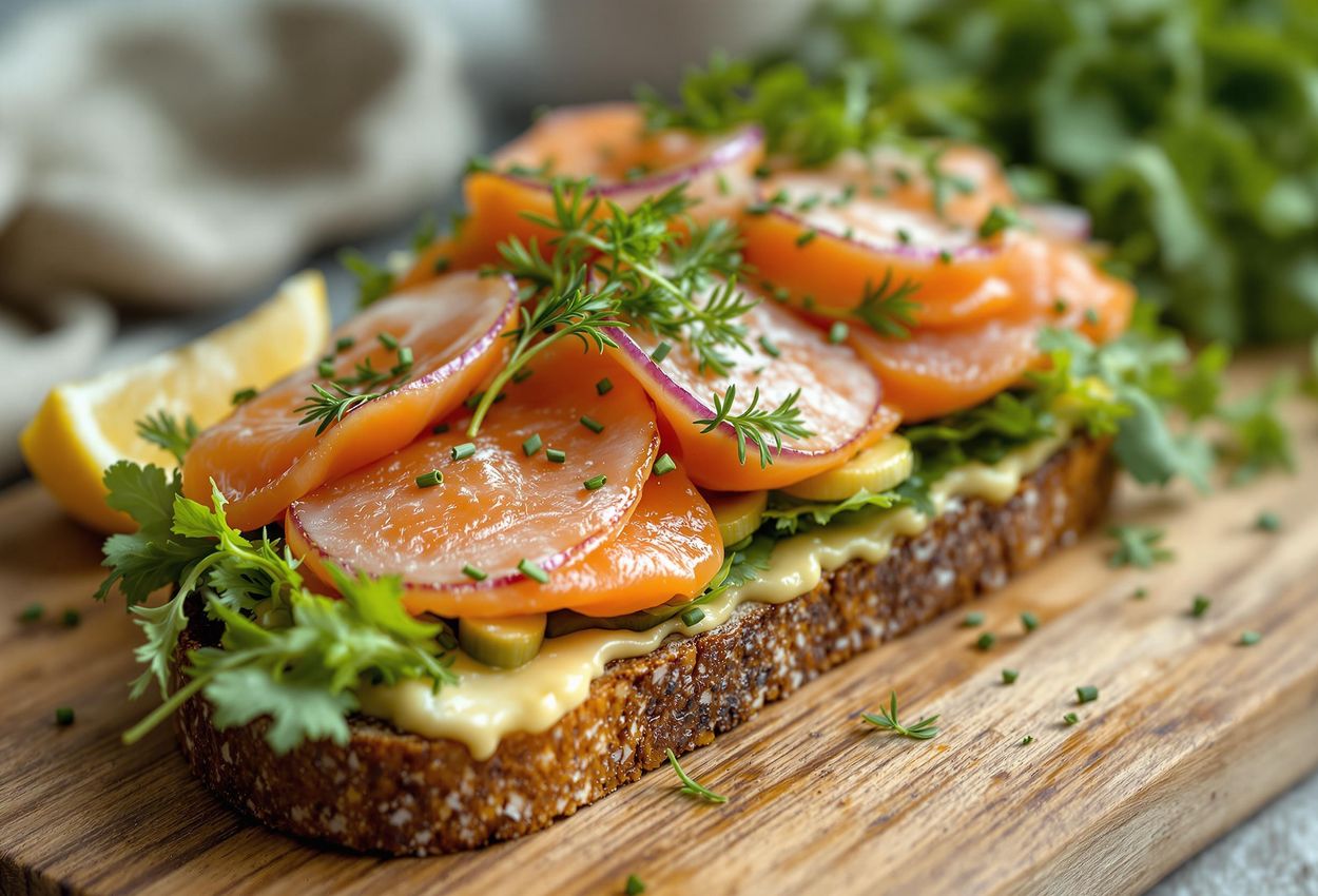 A detailed photograph of a traditional Danish Smørrebrød featuring pickled herring, smoked salmon, and fresh herbs on rye bread, showcasing the artistry of Danish cuisine.