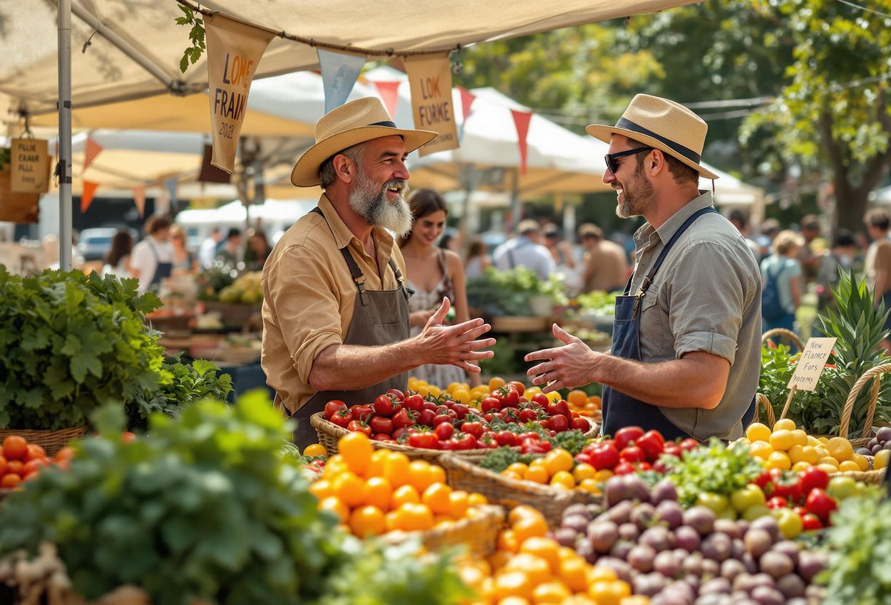 A candid photograph capturing a local farmer passionately discussing sustainable farming with festival-goers at a vibrant organic produce stall during a harvest festival.