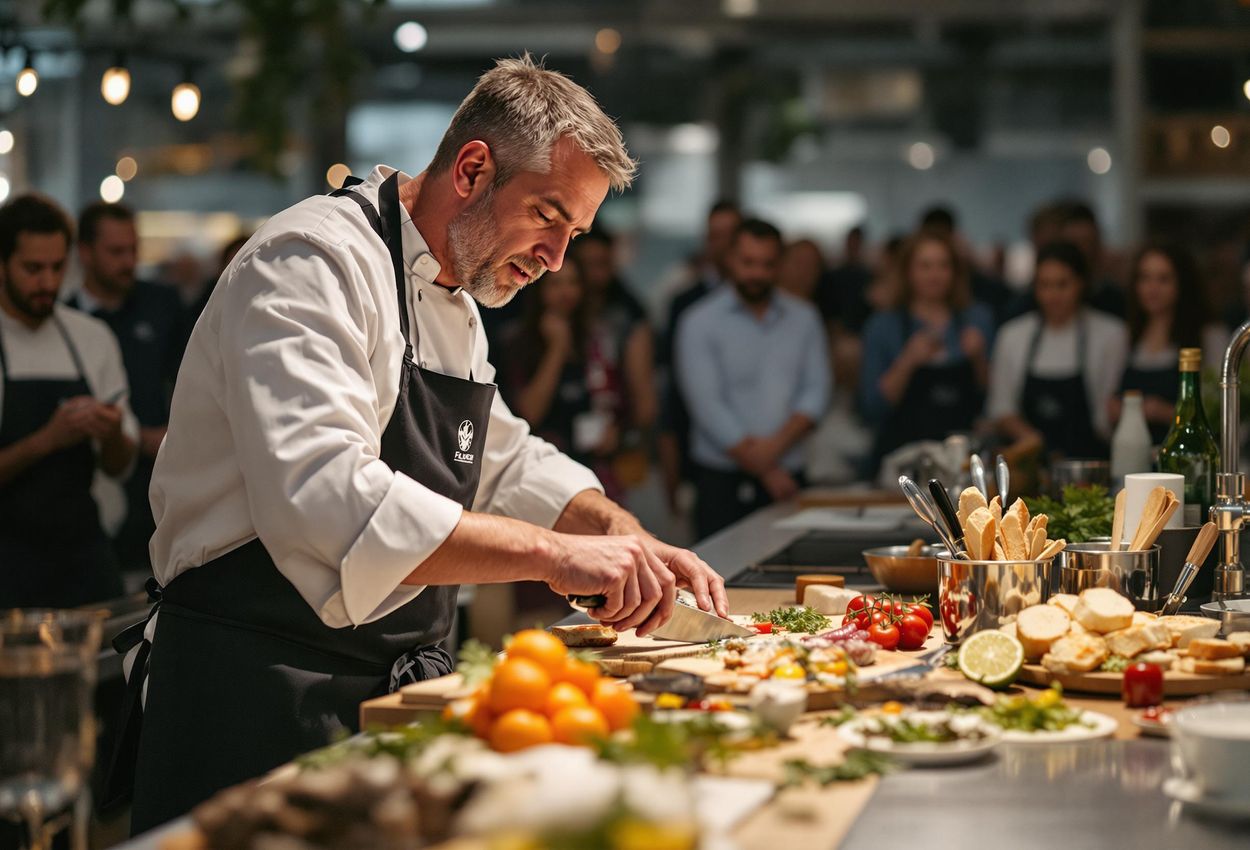 A photograph capturing a renowned chef conducting a cooking demonstration at the Aarhus Food Festival, showcasing the art of preparing traditional Danish *Smørrebrød*.