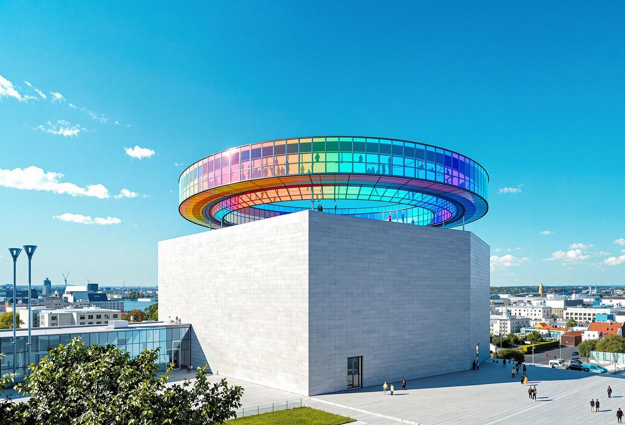 Explore the architectural marvel of ARoS Aarhus Art Museum, crowned by Olafur Eliasson