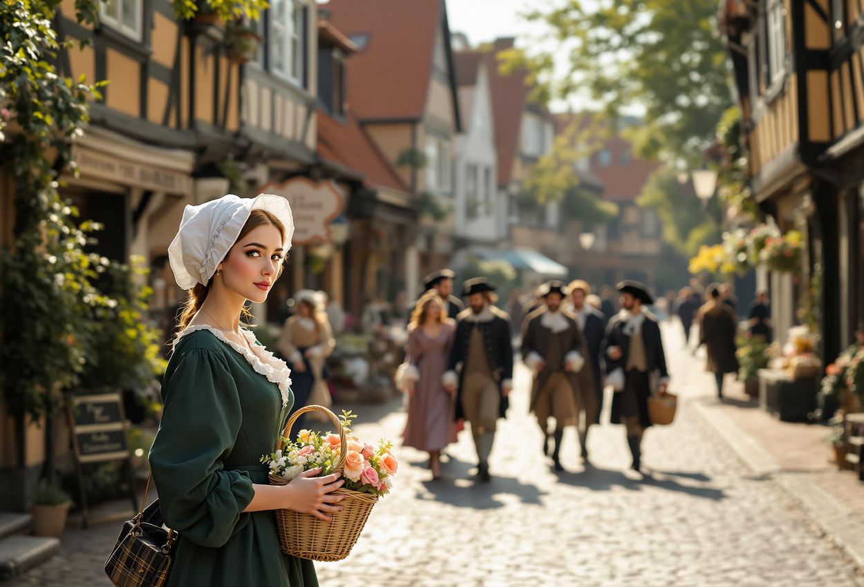 A detailed photograph captures a street scene in Den Gamle By, Aarhus, featuring people in period costumes amidst well-preserved historical Danish architecture.