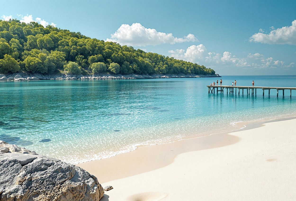 A tranquil photograph capturing the natural beauty of Ballehage Beach in Aarhus, Denmark, with clear blue water, white sand, and the lush Marselisborg Forest in the background.