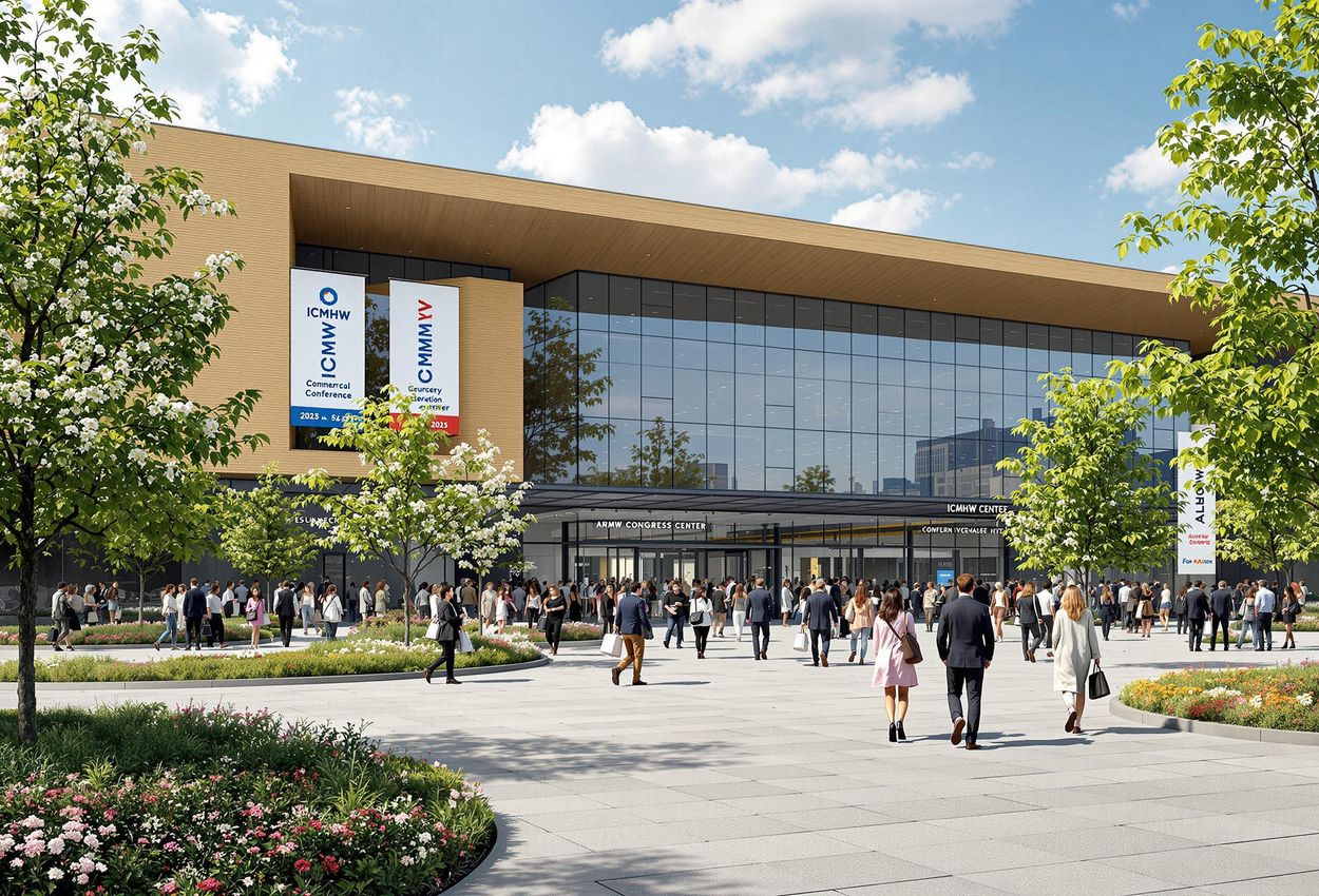 Establishing shot of the Aarhus Congress Center during the ICMHW 2025, capturing the vibrant atmosphere and scale of the international conference.