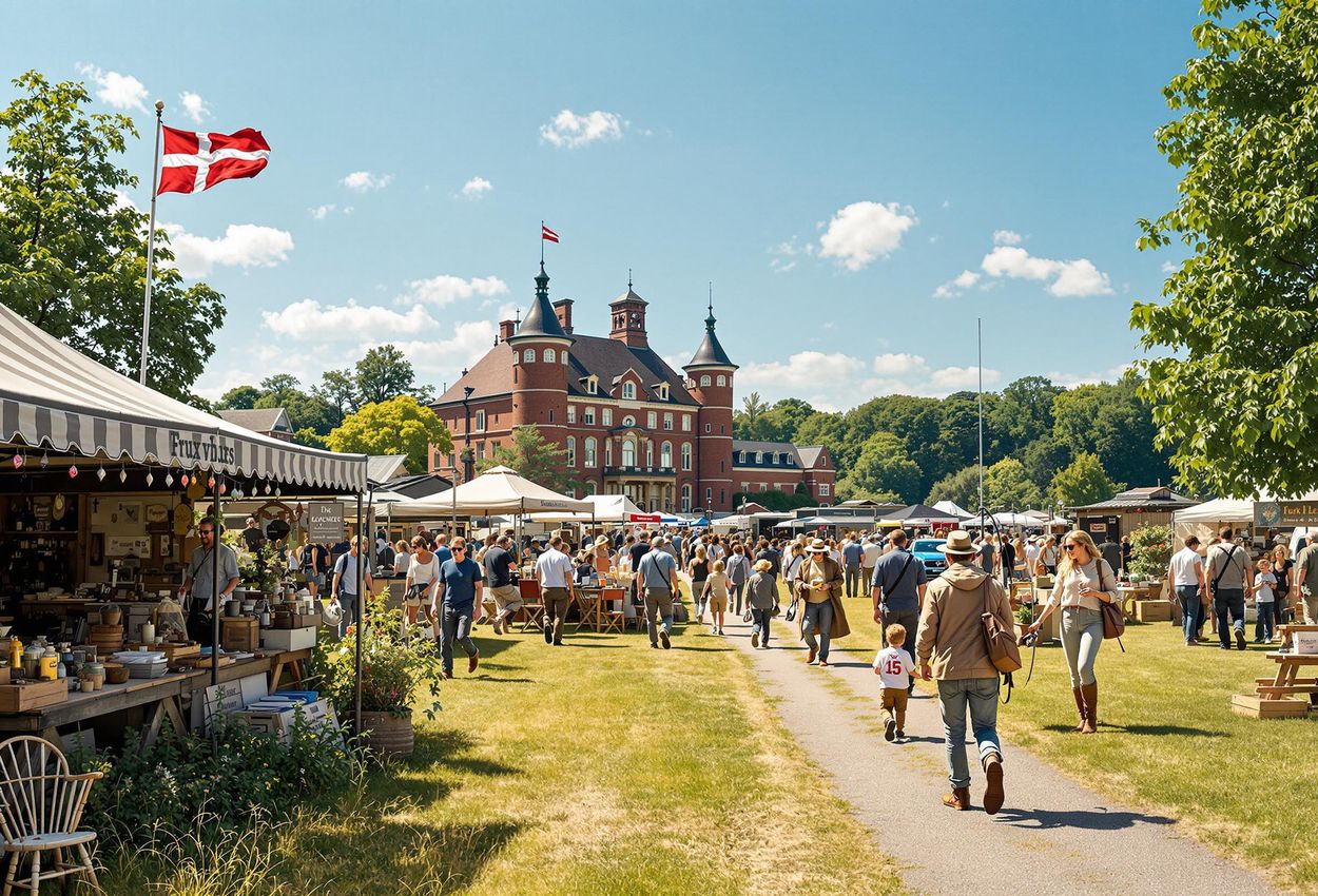 A scenic photograph capturing the Brahetrolleborg Game Fair, showcasing a vibrant atmosphere with families enjoying hunting, fishing, and outdoor activities against the backdrop of the historic Brahetrolleborg Estate.