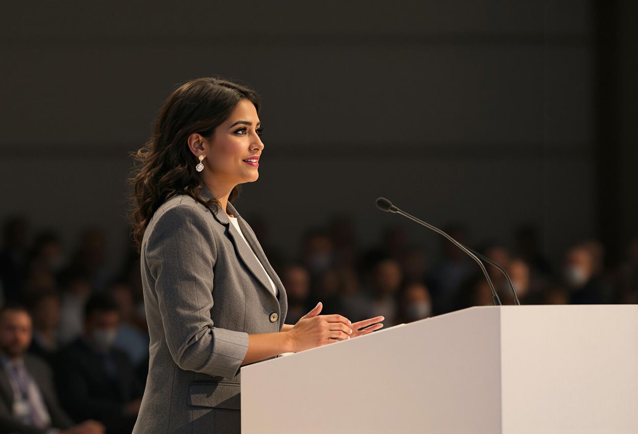 A candid photograph of Dr. Anya Sharma delivering her keynote address at the ICMHW 2025, capturing her passion and authority on stage.