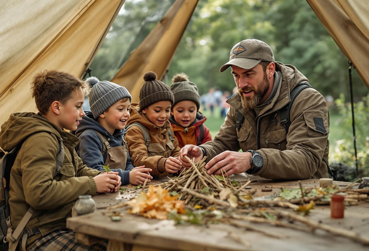 A photograph capturing children learning survival skills at the Brahetrolleborg Game Fair, highlighting outdoor education and connection with nature.