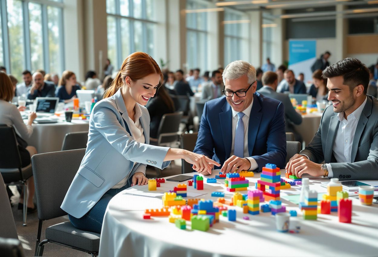 A photograph of conference attendees collaborating on a project during an interactive workshop at the ICMHW 2025 conference. The image captures the teamwork and engaging atmosphere of the event.