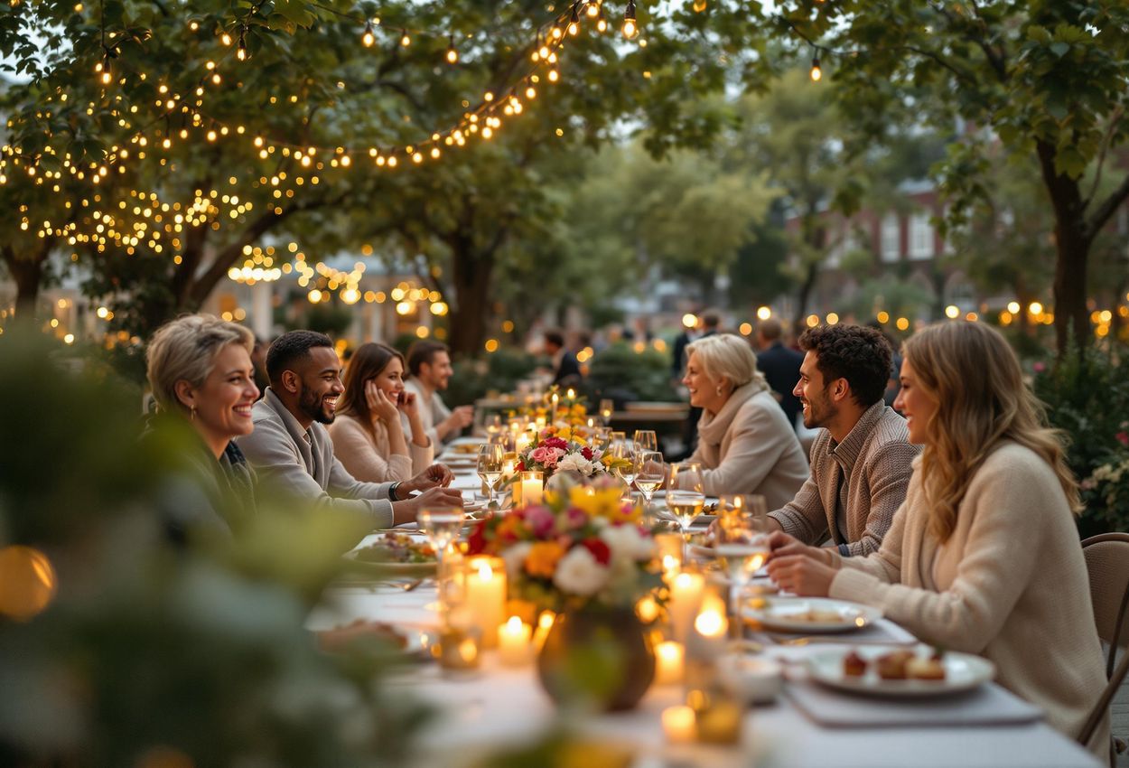 A captivating photograph capturing a serene communal dinner taking place under the magical lights of Tivoli Gardens in Copenhagen. The image showcases the beauty of shared culinary experiences and human connection.