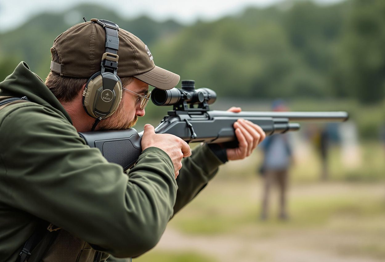 A photograph capturing a skilled marksman participating in a shooting competition at the Brahetrolleborg Game Fair, showcasing precision and skill in a realistic outdoor setting.