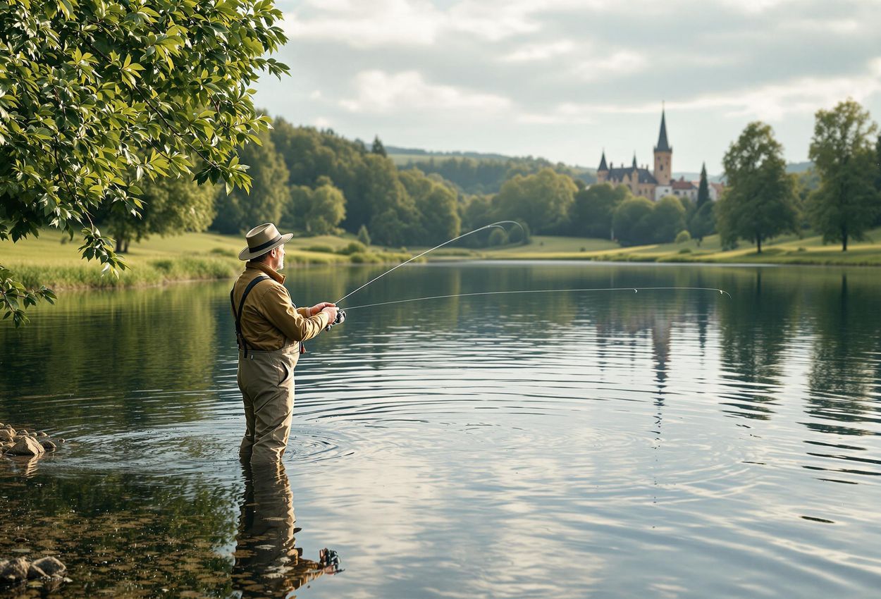 A serene landscape photograph of an angler fly fishing on a calm lake at the Brahetrolleborg Estate in Denmark, showcasing the beauty and tranquility of the Danish countryside.