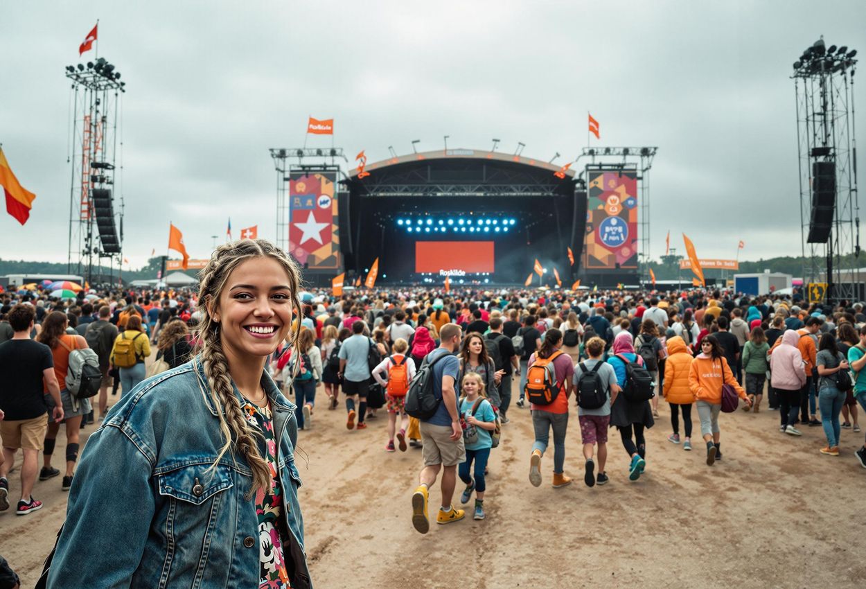 A wide-angle photograph capturing the vibrant energy of the Roskilde Festival