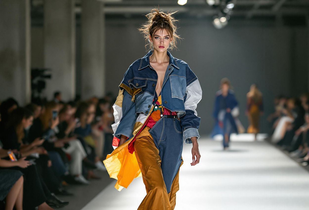 A photograph capturing a model showcasing sustainable fashion at Copenhagen Fashion Week, August 6, 2025. The image highlights the energy and innovation of the event with a focus on realistic textures and dynamic composition.