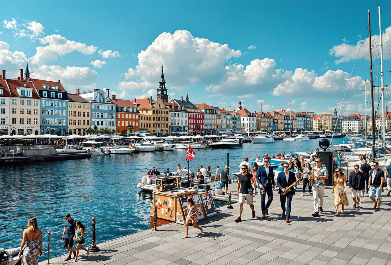 A vibrant photograph capturing the Copenhagen harbor front during the annual Jazz Festival. The image showcases a live jazz band on a floating stage, surrounded by colorful buildings and a bustling crowd enjoying the summer atmosphere.