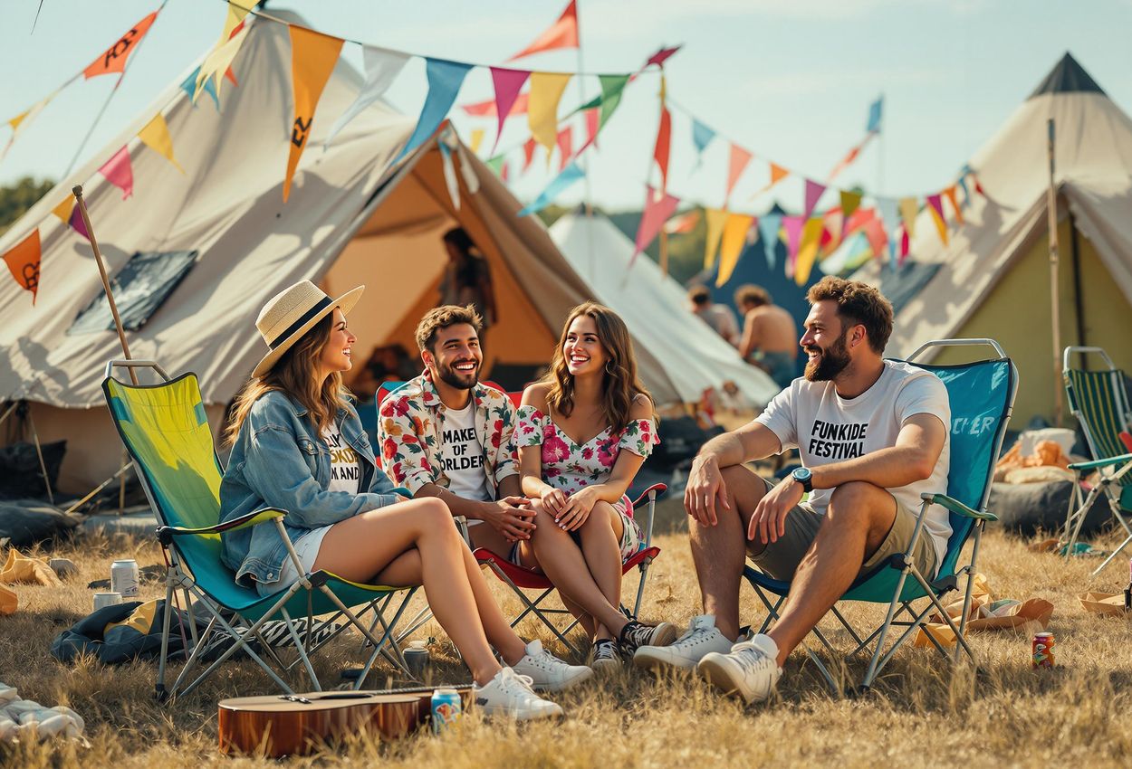 A candid photograph of a group of friends enjoying a relaxed moment at their campsite during the Roskilde Festival in Denmark. The image captures the essence of community, friendship, and the vibrant atmosphere of the festival.