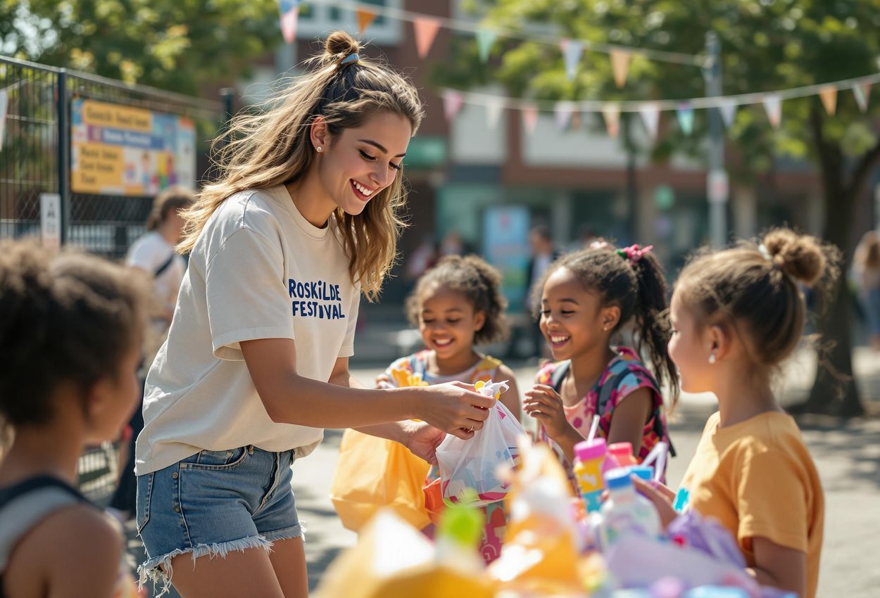 A heartwarming photograph capturing a Roskilde Festival volunteer interacting with children during a donation event, highlighting the festival