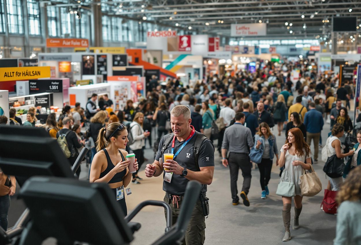 A wide-angle photograph capturing the lively atmosphere of Allt för Hälsan at Stockholmsmässan, featuring diverse attendees engaging with exhibitors and exploring the world of health and wellbeing.