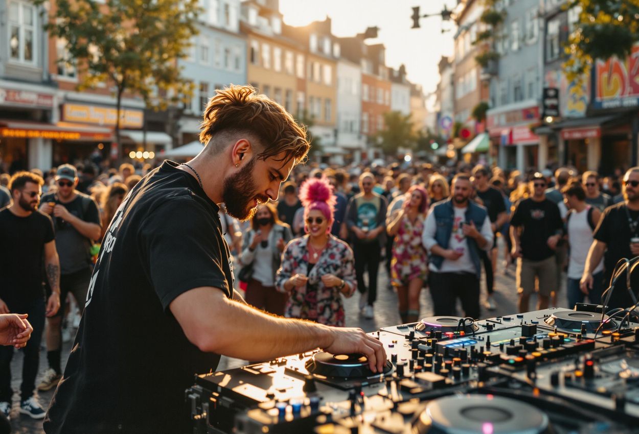 A photograph captures a vibrant street party during the Distortion Festival in Nørrebro, Copenhagen. A DJ performs for an enthusiastic crowd, surrounded by colorful buildings and street art.