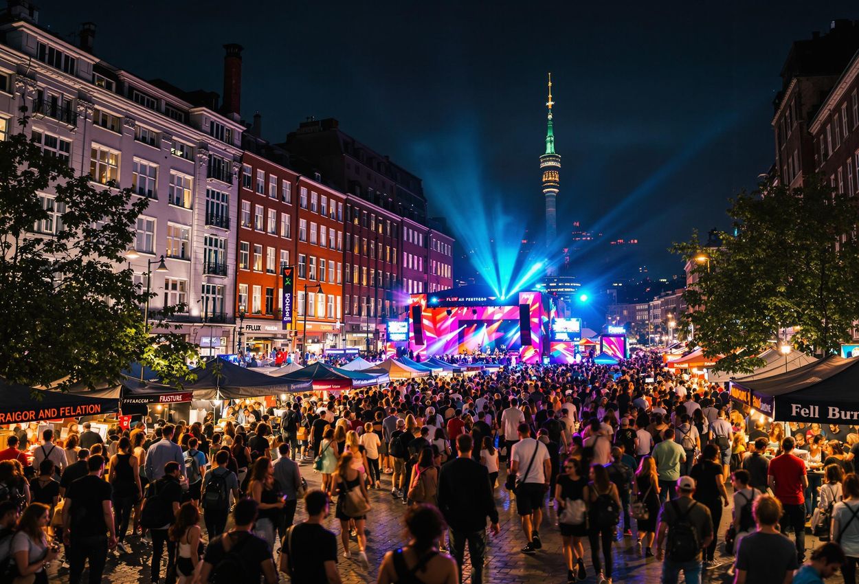 A captivating nighttime photograph of the Meatpacking District in Vesterbro, Copenhagen, alive with music, dancing, and street food during the Distortion Festival. The image captures the edgy and alternative vibe of this unique cultural event.