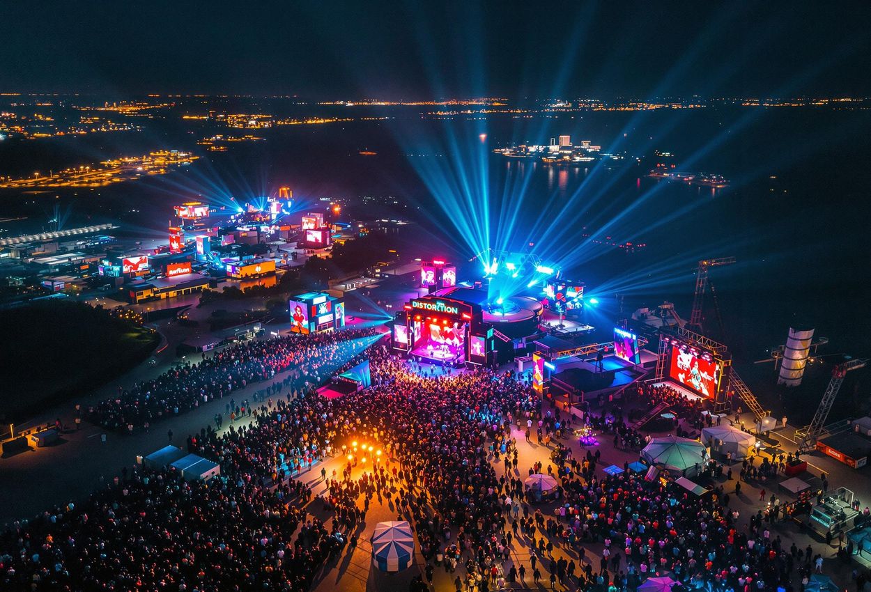 An aerial photograph capturing the vibrant Distortion Ø rave on Refshaleøen, Copenhagen, featuring multiple stages, large crowds, and a gritty industrial backdrop.