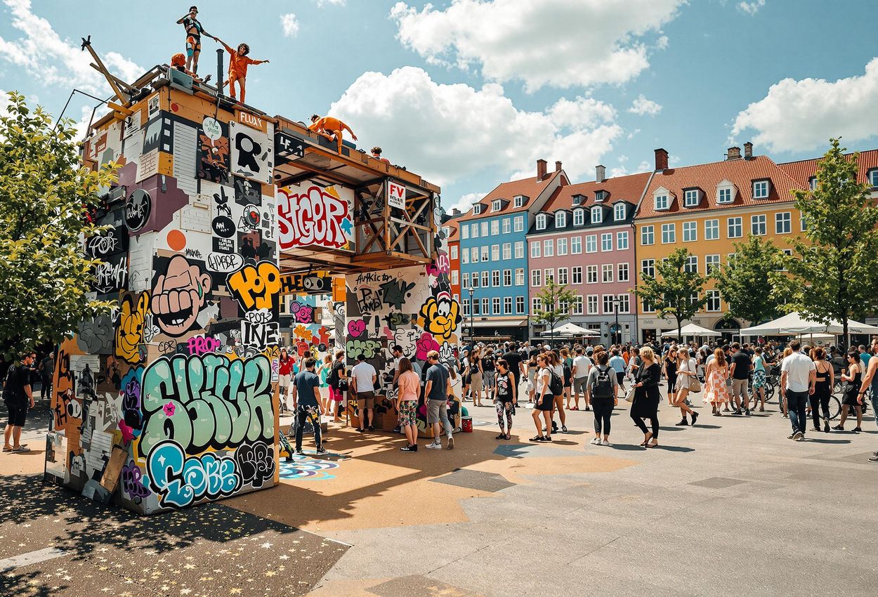 A wide-angle photograph captures an interactive art installation at the Distortion Festival in Copenhagen, showcasing the festival