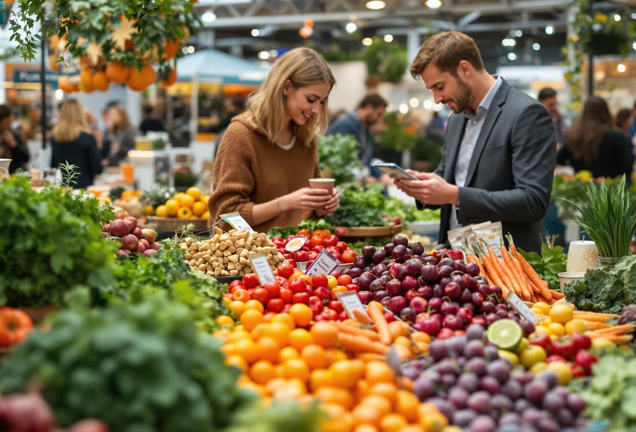 A photograph capturing a colorful and inviting display of organic produce, superfoods, and healthy snacks at the Allt för Hälsan fair in Stockholm, Sweden.